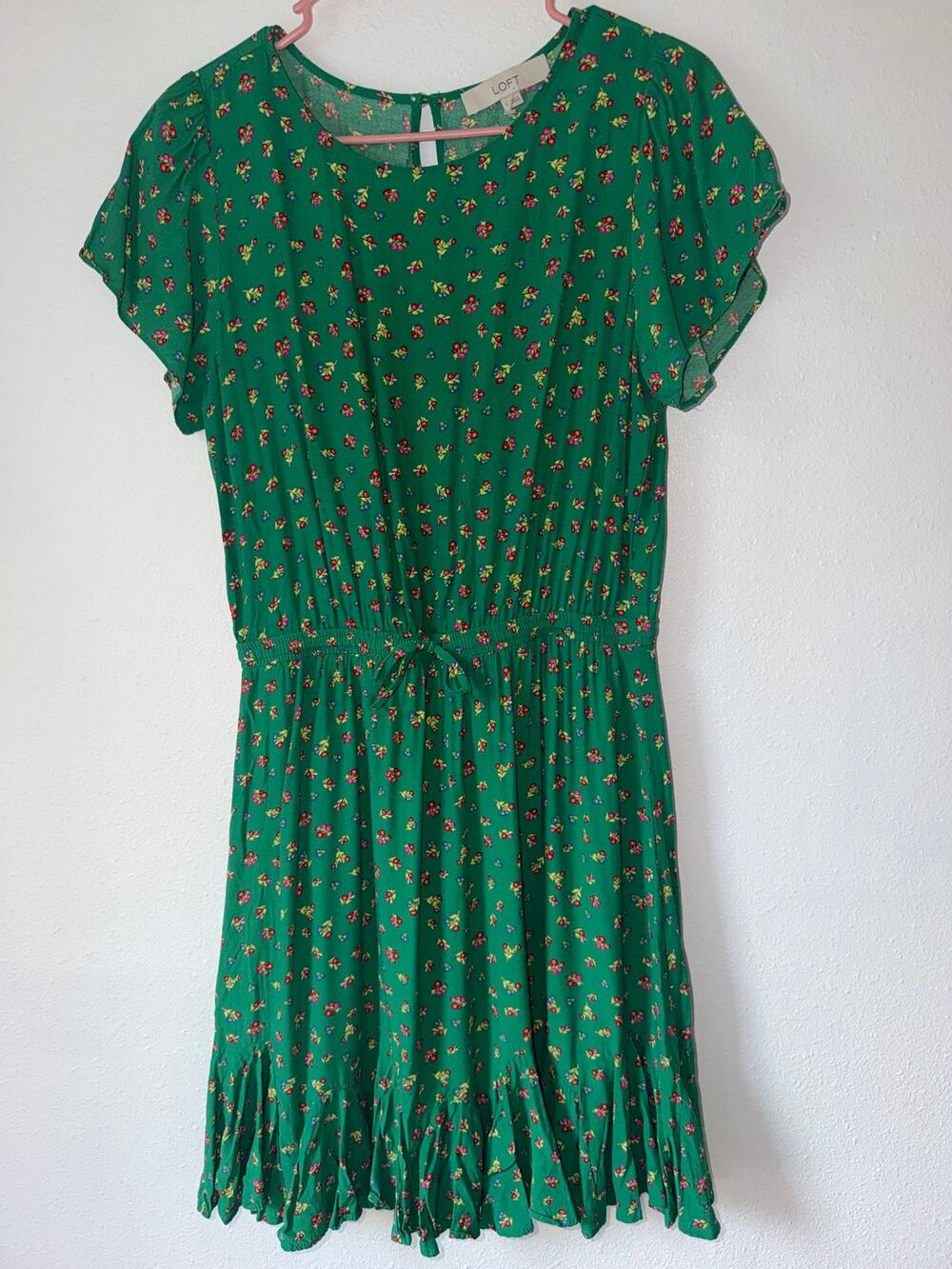 Loft Green Red Floral Print Short Sleeve Elastic Waist Colorful Dress Size Small